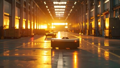 Poster - Automated Guided Vehicles in Modern Warehouse at Sunset Lighting