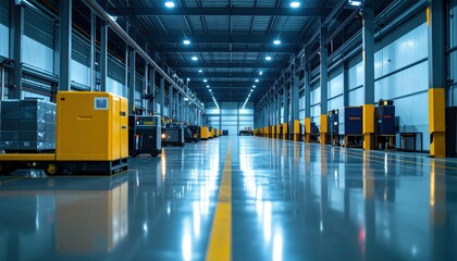 Poster - Modern Warehouse Interior with Automated Equipment and Bright Lights