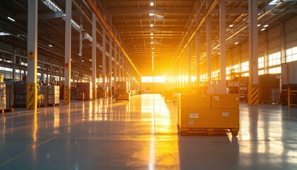 Poster - Bright Sunrise in an Empty Industrial Warehouse with Pallets