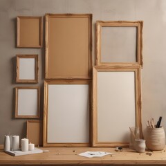 Wall Mural - Various sized and shaped picture frames, with decorative elements, arranged on a corkboard to form a mood board mockup ,  decoration,  beige