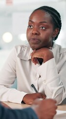 Poster - Interview, talking and business woman in office with documents for discussion, consulting and hiring process. Corporate, hr manager and worker writing notes for recruitment, meeting and feedback