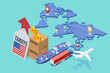 © Golden Sikorka - Isometric showing rising US import tariffs, affecting global logistics with plane, cargo ship, truck, and map route symbolising Import tariffs, trade war and economic conflict