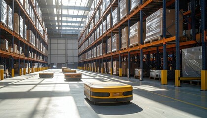 Poster - Automated warehouse with robotic carts and high shelves stacked boxes
