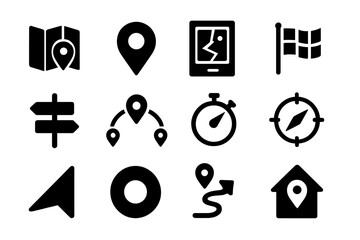 Poster - Collection of navigation symbols and icons for mapping and location services in black design