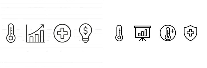 Poster - Various health and financial icons representing growth, data analysis, and medical assistance in a simple design