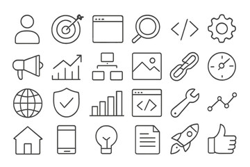 Poster - Collection of simple line icons representing various digital and technological concepts in a grid layout