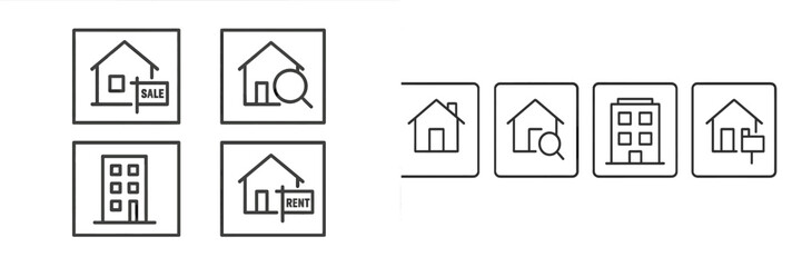 Poster - Real estate icons representing sale and rent options for houses and apartments in a minimalistic design