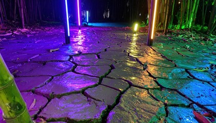 Poster - Vibrant Neon Lights and Cracked Ground in Bamboo Forest Pathway