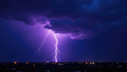 Wall Mural - Dramatic bolt of lightning striking a dark stormy sky at night , flash, downpour