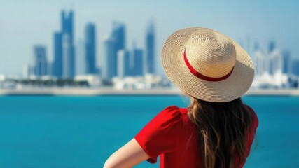 Poster - A woman in a red shirt and straw hat admires the city view