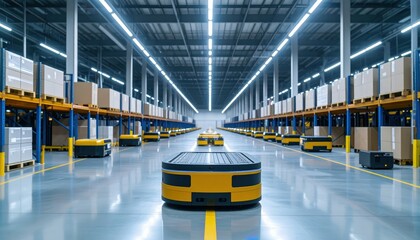 Poster - Modern Warehouse with Automated Robots and Shelving Units