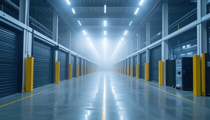 Poster - Spacious Industrial Warehouse Interior with Fog and Sheen Floors