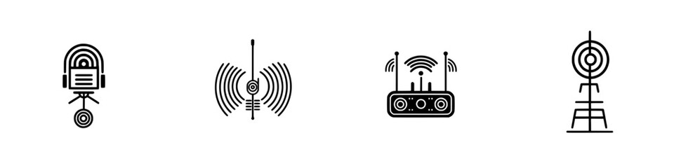 Poster - Vector illustration icons depicting various radio communication devices and signals for modern technology use in digital design
