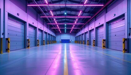 Poster - Modern Warehouse Interior with Neon Lights and Reflective Floor