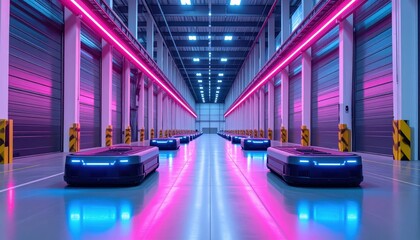 Poster - Futuristic Warehouse with Automated Robots and Neon Lighting