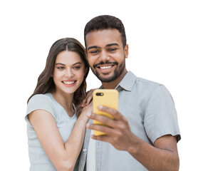 beautiful happy young couple using smartphone isolated transparent png, joyful smiling woman and man
