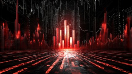 Poster - Abstract red chart plummeting, financial crisis visual with sharp lines and digital numbers