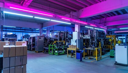 Poster - Modern Industrial Warehouse with Neon Lighting and Machinery Setup