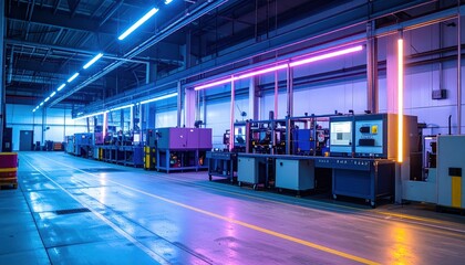 Poster - High-Tech Manufacturing Facility with Neon Lights and Machinery