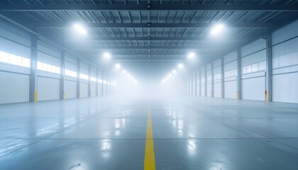 Poster - Spacious Empty Warehouse Interior with Fog and Ambient Lighting