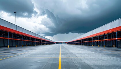 Poster - Vast Empty Warehouse Space Under Dramatic Dark Cloudy Sky