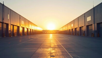Poster - Sunset over Industrial Warehouse with Clear Sky and Empty Lot