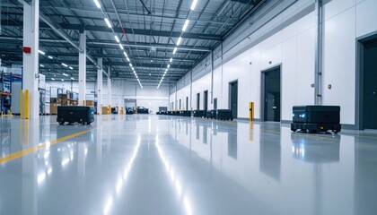 Poster - Modern Automated Warehouse with Delivery Robots on Clean Floor