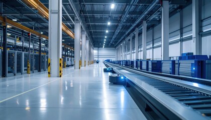 Poster - Modern Warehouse Interior with Automated Conveyor System and Lighting