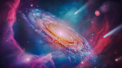 Wall Mural - Antic multicolored outer space with stars comet galaxies planets and nebulae 