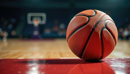 Close-up basketball on court, worn leather texture, leather, close-up
