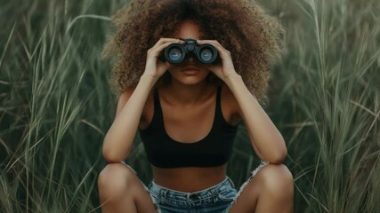 Poster - A woman sits in a green field, holding a pair of binoculars, observing the surroundings