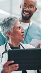 Poster - Intern, doctor and woman with tablet, talking and information for treatment plan, advice and smile. Hospital, medical professional and mature mentor with tech for diagnosis, people or training of man