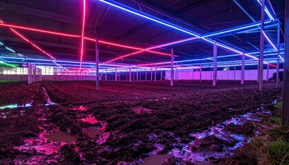 Poster - Futuristic Warehouse with Neon Lights and Muddy Floor