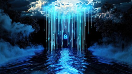 Poster - Cybersecurity abstract with blue code streams and lock symbol, tech security visual