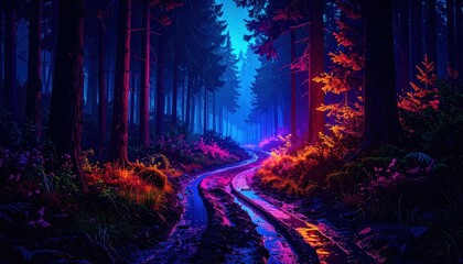 Poster - Enchanted Pathway Through Mystic Forest with Vibrant Colors