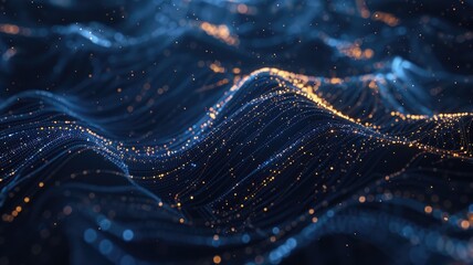 Poster - Abstract picture micro light sparkling particle represent data flow vivid flowing wave with high tech background, create digital effect scene perfect for energetic and fantasy wallpaper design. AIG53.