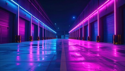 Poster - Neon Lights Illuminate Urban Warehouse at Night with Reflections