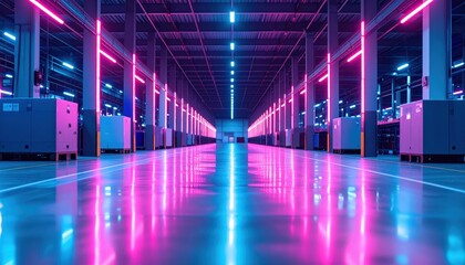 Poster - Futuristic Warehouse Interior with Neon Lighting and Reflection Effects