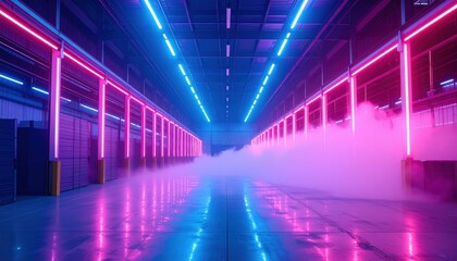 Poster - Neon Light Reflections in Modern Industrial Warehouse Space