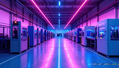 Poster - Vibrant Factory Interior with Neon Lights and Modern Machinery