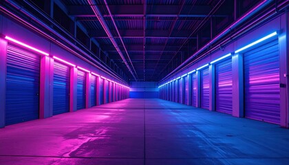 Poster - Vibrant Neon Lights Illuminating a Modern Storage Facility Interior