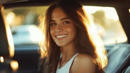 Poster - A woman sits in the backseat of a car, looking relaxed