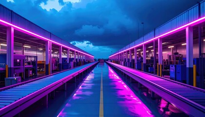 Poster - Futuristic Warehouse with Neon Lights and Dramatic Cloudy Sky