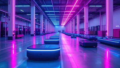 Poster - Futuristic Warehouse Interior with Robotic Technology and Neon Lights