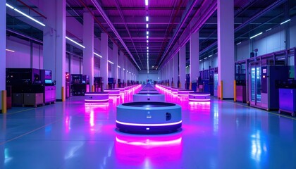 Poster - Futuristic Warehouse Interior with Autonomous Robots and Neon Lights