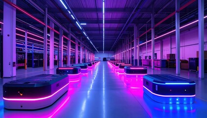Poster - Futuristic Warehouse with Autonomous Robots and Neon Lights