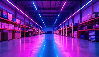Poster - Vibrant Warehouse Interior with Neon Lighting and Shelving Units