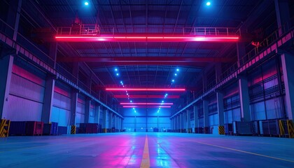 Poster - Neon Lights Illuminate Industrial Warehouse with Modern Effect