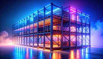 Poster - Modern Warehouse Structure with Neon Lights in Futuristic Setting
