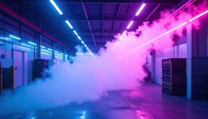 Poster - Neon Light Effects with Fog in Industrial Space at Night